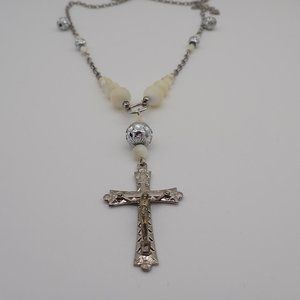 Vintage Material Crucifix Necklace with MOP, and metal beads.